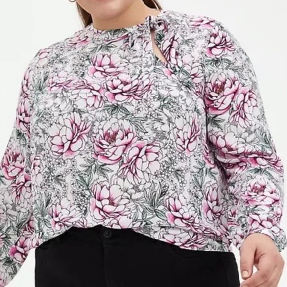 Torrid Georgette Blouse Women's Chest Side Bow Tie Floral Sketch Print Office 1X - Picture 1 of 7